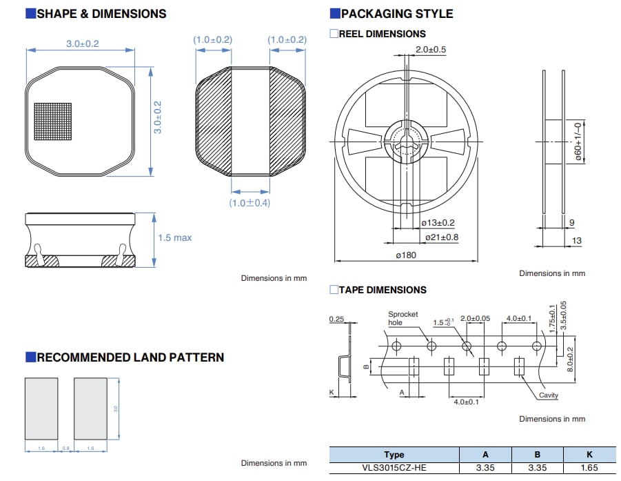 Mechanical Drawing - TDK VLS3015CZ-HE Power Inductor